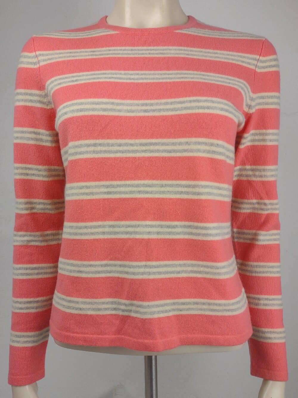 Lands' End coral ivory gray striped 100% Cashmere pullover sweater ladies Small
